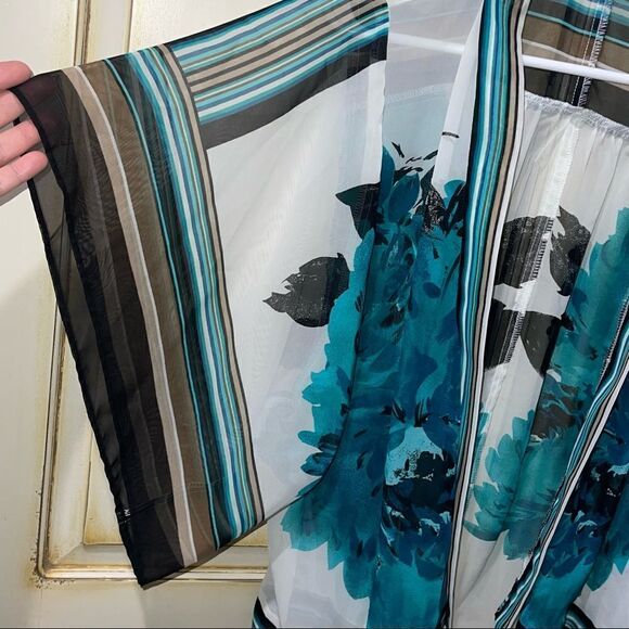 New Directions Sheer Teal, Black, Tan & Cream Floral Open Shawl - Size Small‎ - Picture 3 of 5